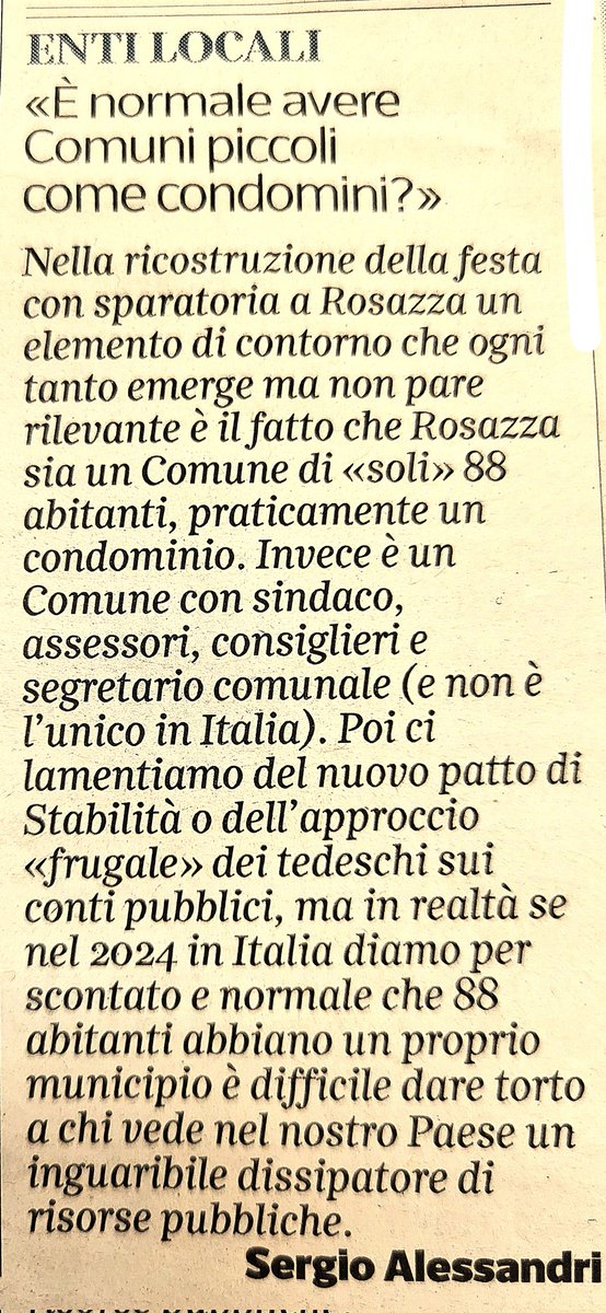 ginugiola's tweet photo. Rubrica @a_cazzullo
@Corriere #10gen
Condivido riflessione #Alessandri su miriade piccoli Comuni ๐ฎ๐น
#lettore scrive con esempio #Rosazza ha 88 #abitanti โฌ๏ธ
nostro Paese inguaribile dissipatore #risorse
pubbliche
@VivMilano @EmilianoVerga @SignorAldo @baratto_m @GiovannaDiTroia https://t.co/1leVuRqYe4
