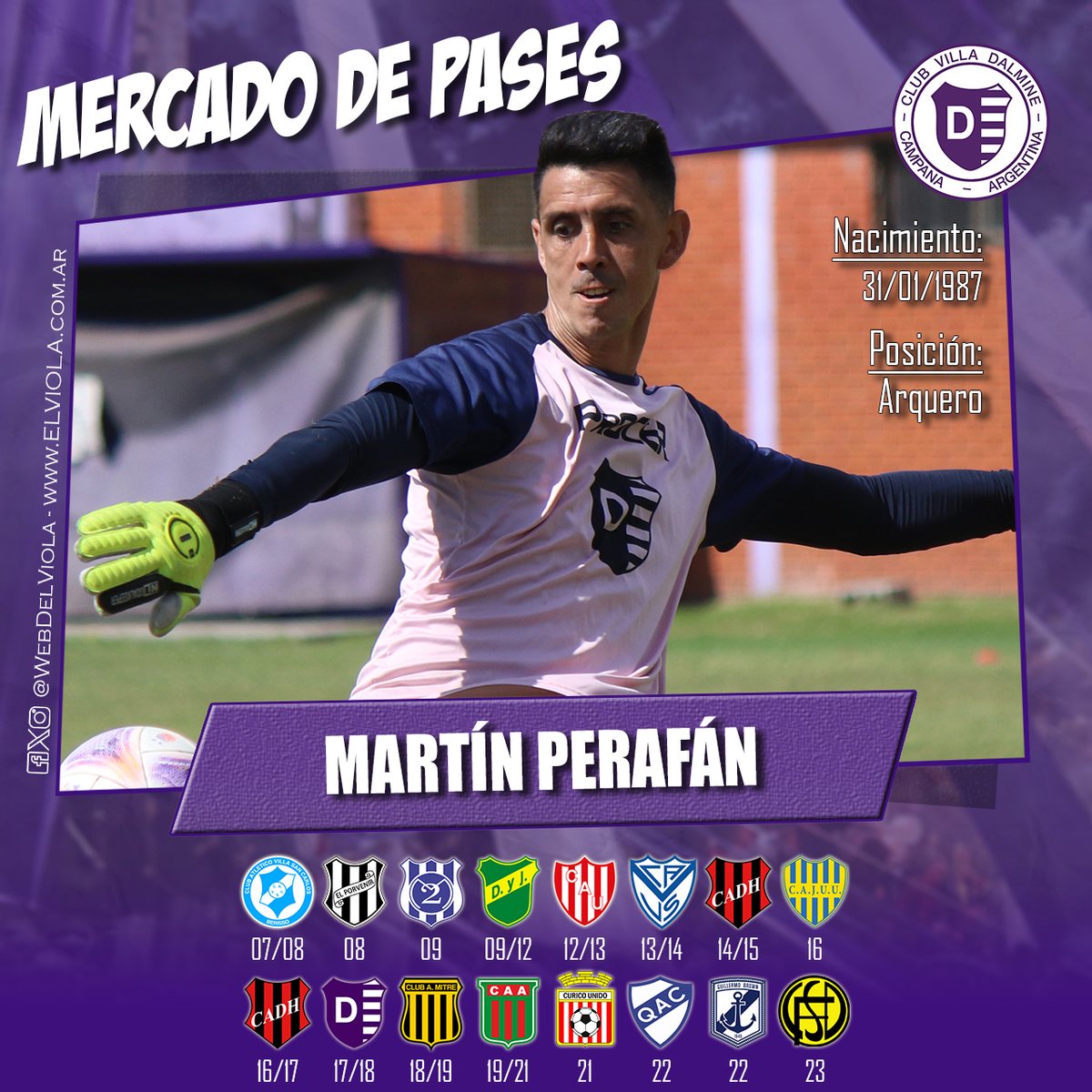 #MercadoDePases El arquero Pablo Martín Perafán, próximo a cumplir sus 37 años de edad, se incorpora a Villa Dálmine para la temporada 2024 de la Primera "B". Proveniente de Flandria, cuenta con una vasta trayectoria y regresa al Club tras su paso en la temporada 2017/18.