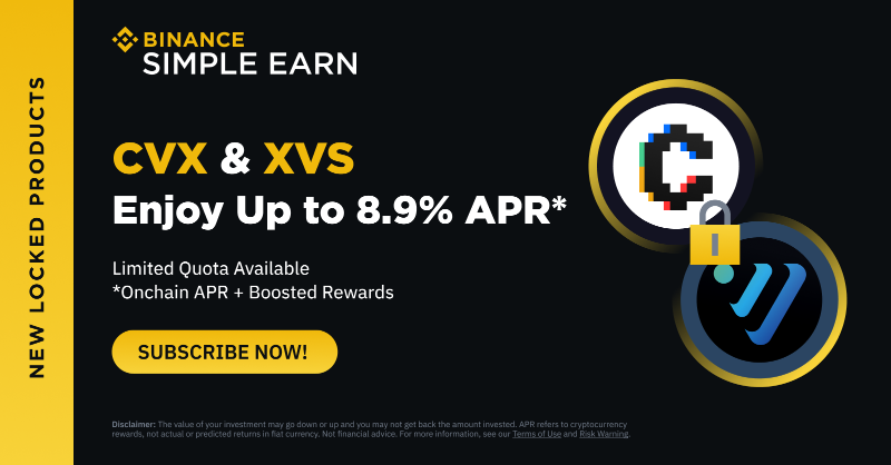 binance's tweet photo. #Binance Simple Earn is launching Convex Finance $CVX and Venus $XVS on Locked Products. 

You now can complete subscriptions to CVX and XVS Locked Products to get up to 8.9% in APR rewards.

Find out more 👇