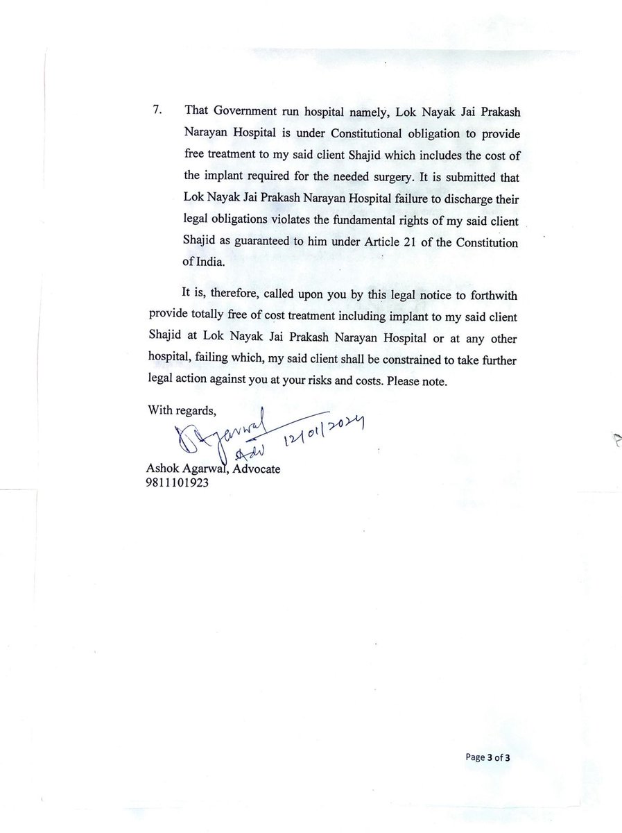 Delhi CM <a href="/ArvindKejriwal/">Arvind Kejriwal</a> gets legal notice on denial of treatment to poor ccident patient Mohd Sajid by LNJPH demanding ₹50000 for implants