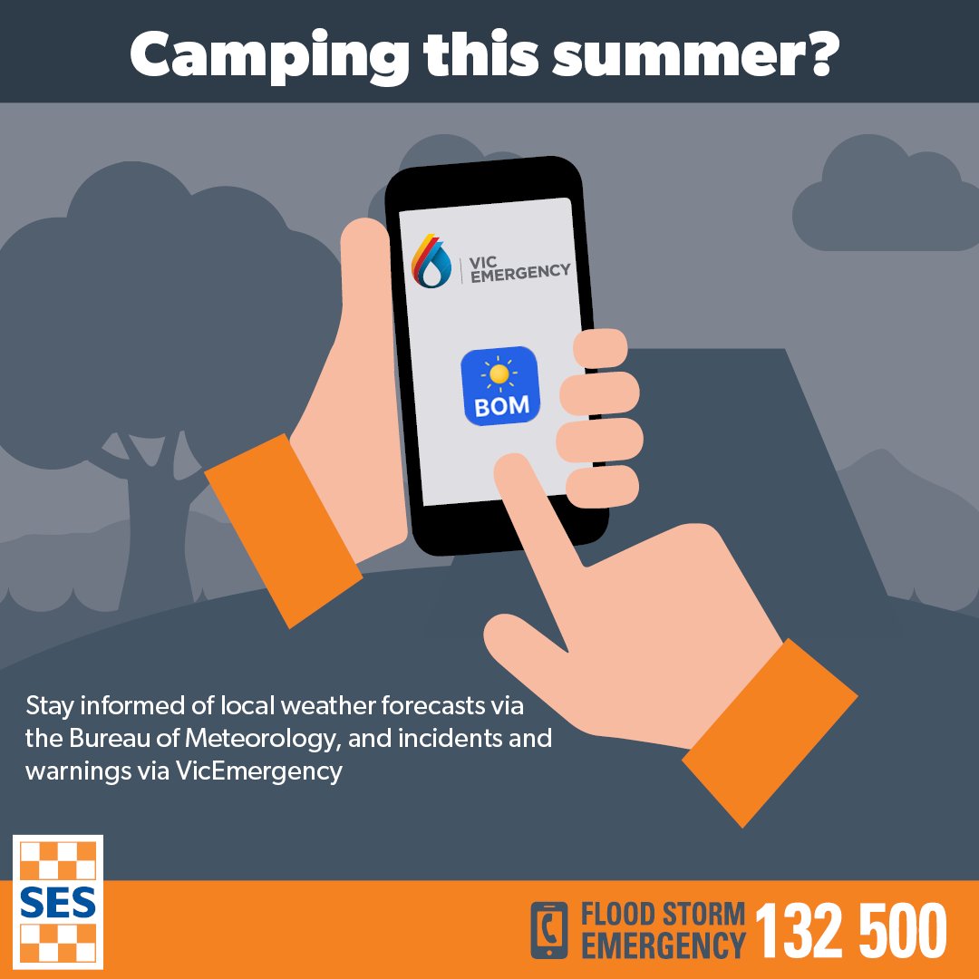 Camping this summer? Even if you’re just heading away for the weekend, it’s important to plan ahead to stay safe while enjoying time away with family and friends. It could be as simple as downloading the @vicemergency or @BOM_Vic apps. More info: ses.vic.gov.au/plan-and-stay-…