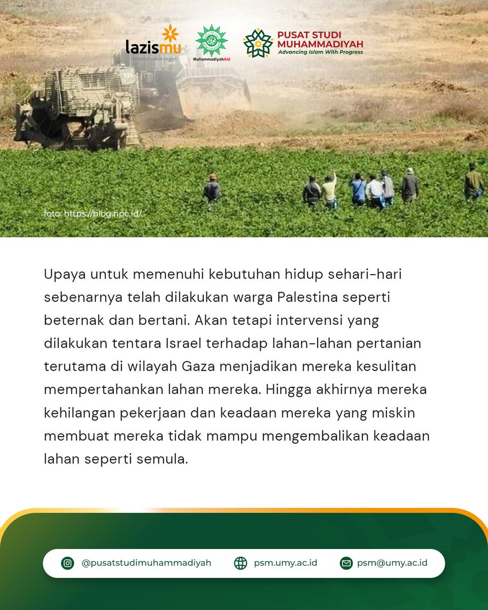 Muhammadiyah melalui program Muhammadiyah Aid bersama Lazismu dan Pusat Studi Muhammadiyah (PSM) melakukan respon terhadap dampak bencana kemanusiaan dengan mengusahakan masyarakat Palestina berdaya melalui program-program kerjasama dengan NGO lokal Palestina.  #MuhammadiyahAid