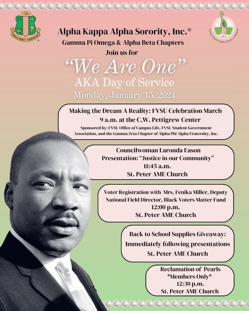 AB_OhSoPretty43's tweet photo. Please join Alpha Beta and Gamma Pi Omega Chapters of Alpha Kappa Alpha Sorority, Inc.® for “We are One” AKA Day of Service on Monday, January 15, 2024. 
#AKA1908 #PrettyGirlsWork #MLKDay #TUNEInSAR
#UpliftOurLocalCommunity #AdvocateforSocialJustice https://t.co/iBzdujIOc8