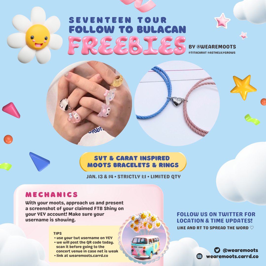 wearemoots's tweet photo. FOLLOW TO BULACAN
BRACELETS &amp; RINGS FREEBIES
by @wearemoots @titacarat @asthelilygrows

✿ Jan 13-14
✿ 1:1 (ltd qty)

✿ time &amp; loc TBA
✿ must have ss of claimed FTB Shiny
✿ rt &amp; like to spread ʚ♡ɞ

#SVT_TOUR_FOLLOW #FOLLOW_TO_BULACAN #SEVENTEENinBULACAN #SEVENTEENFREEBIES https://t.co/KRez4bNaBV