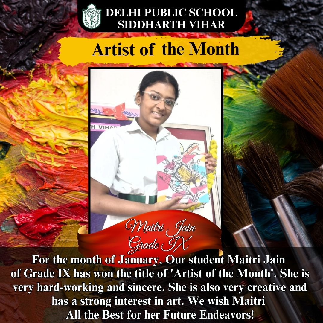 dpssiddharthvih's tweet photo. We are pleased to announce that Maitri Jain of IX has won the title of ‘Artist of the Month’ for the month of January. Maitri is very hard-working and sincere. She is also very creative and has keen interest in art. We wish her All the Best for her Future Endeavors! https://t.co/cjuZaI1PLb