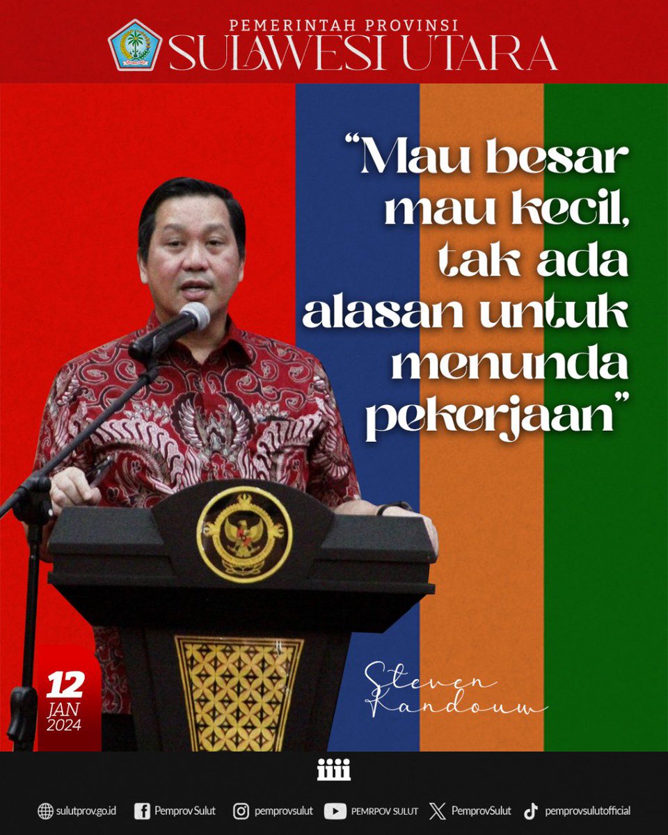 Jumat, 12 januari 2024
Wagub Sulut, Steven Kandouw menerahkan laporan hasil pemeriksaan semester II tahun 2023 terkait pemeriksaan kinerja atas efektivitas upaya pemda dalam penyelengaraan Kawasan Ekonomi Khusus Industri Bitung (KEK Industri Bitung), Jumat 12 Januari 2024.