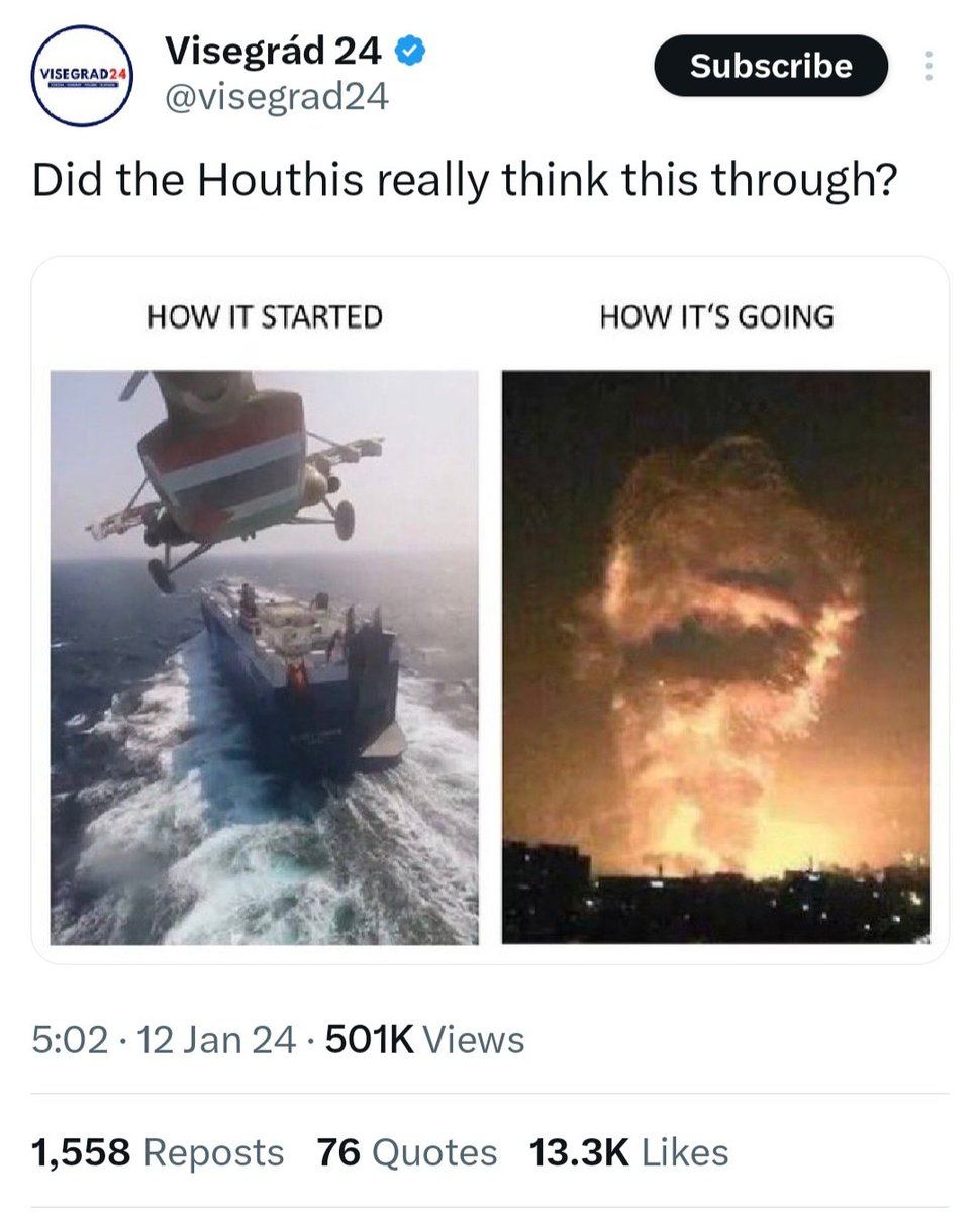 Shayan86's tweet photo. The image on the right is being widely shared this morning, falsely claiming to show the aftermath of US and UK strikes on Yemen's Houthi rebels overnight.

The image is from 2015, and shows a deadly explosion at a warehouse in Tianjin, China. https://t.co/uHba0Rd0F9