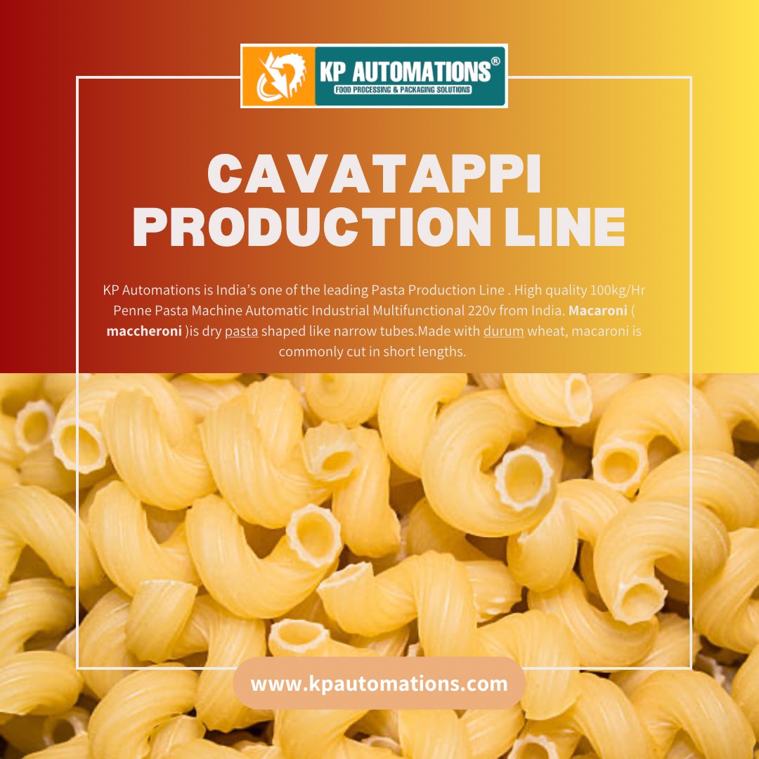 KpAutomations55's tweet photo. Cavatappi Production line - KP Automations is India’s one of the leading Pasta Production Line . Macaroni is dry pasta shaped like narrow tubes. Made with durum wheat.
.
.
.
#cavatappi #cavatappiproductionline #cavatappipastamachine #cavatappiline #cavatappi #pastaline https://t.co/dCuvWYiRD1