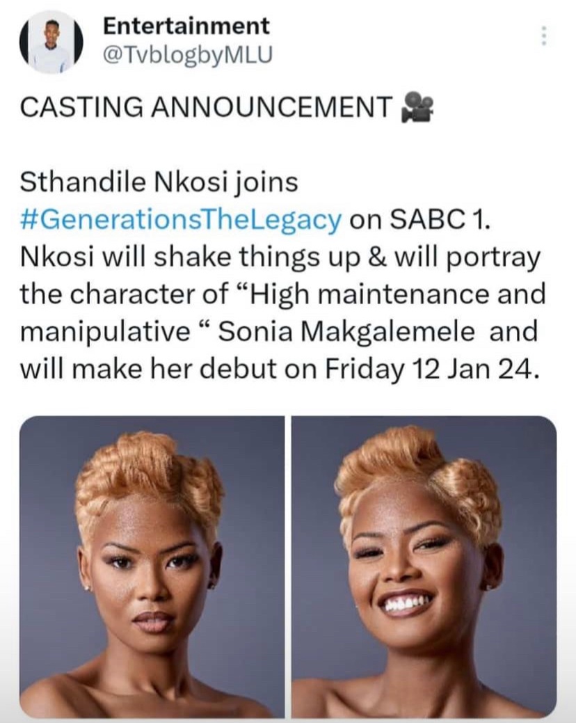 Sthandile Nkosi (@iamsthandilen) on Twitter photo What's Good! Catch me make my official Debut on <a href="/Gen_legacy/">Generations: The Legacy</a> TODAY at 20:00 as I play on a high-maintenance, Softlife, manipulating former second runner-up Miss SA SONIA MAKGALEMELE. What's Good! Catch me make my official Debut on <a href="/Gen_legacy/">Generations: The Legacy</a> TODAY at 20:00 as I play on a high-maintenance, Softlife, manipulating former second runner-up Miss SA SONIA MAKGALEMELE.