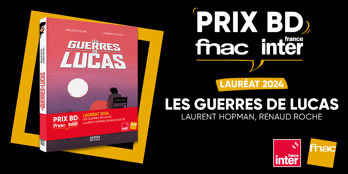 👏 Bravo à Laurent Hopman et Renaud Roche qui remportent le #PrixBDFnacFranceInter 2024 pour "Les guerres de Lucas" publiée aux <a href="/Editionsdeman/">Editions Deman</a>.

Une œuvre poignante qui aura séduit notre jury par son exploration inédite des coulisses de la création de la légendaire saga #StarWars