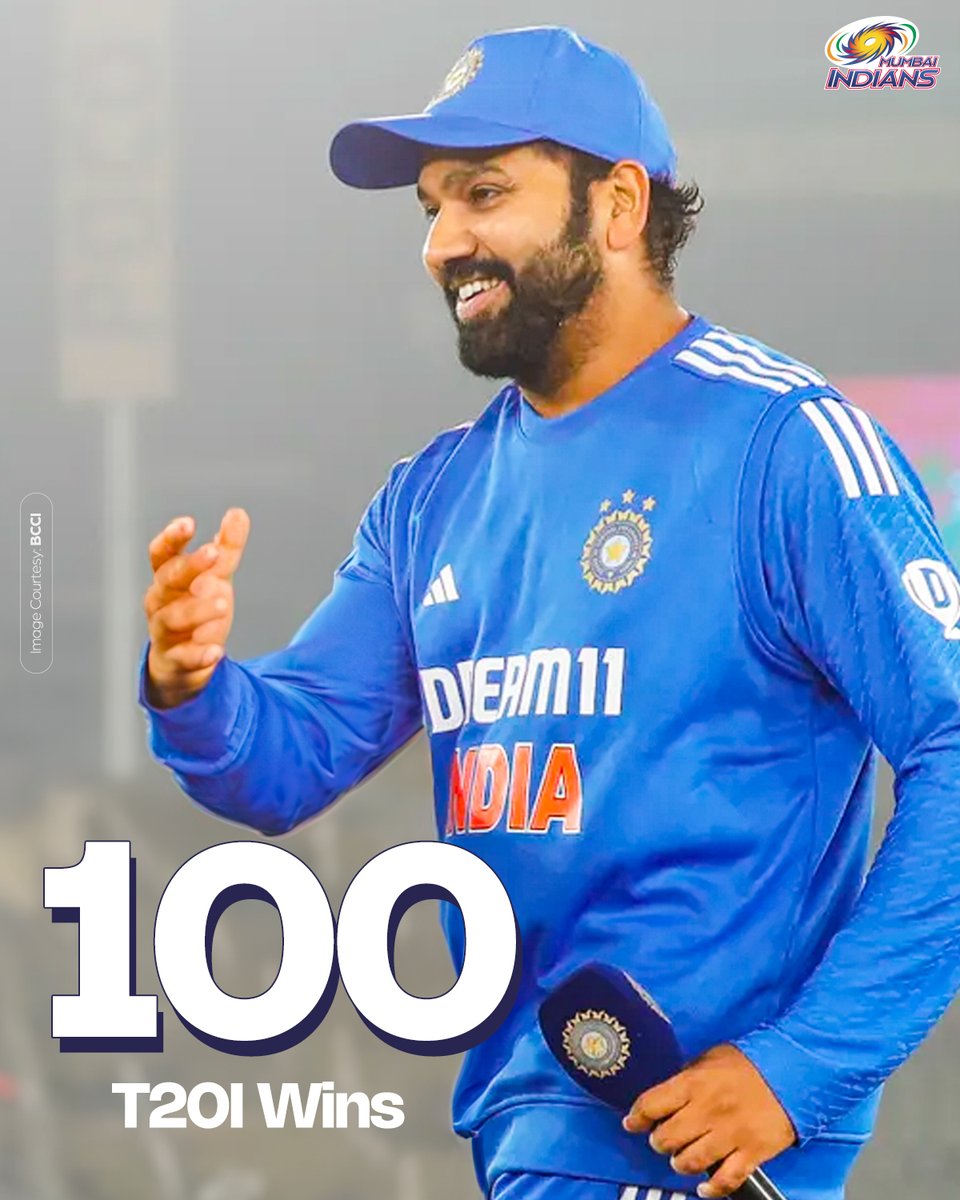 mipaltan's tweet photo. You are looking at the 𝐎𝐍𝐋𝐘 cricketer to be part of 𝟏𝟎𝟎 T20I Wins. The Hitman 🫡

#OneFamily https://t.co/ucq7aEX6dC