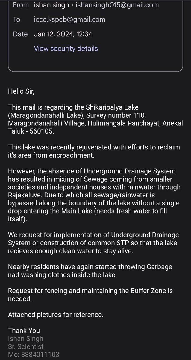 ShikaripalyaL's tweet photo. Mail sent to @karnatakakspcb
Ticket No: 13635
Please take some action to save me

@osd_cmkarnataka @DKShivakumar @siddaramaiah @NGCKarnataka @NGTribunal Please help us

@BangaloreMirror @PIBBengaluru @KannadaPrabha @prajavani @Vijaykarnataka @VijayKarnatak

#SaveBengaluruLakes https://t.co/QTd6lrU49s