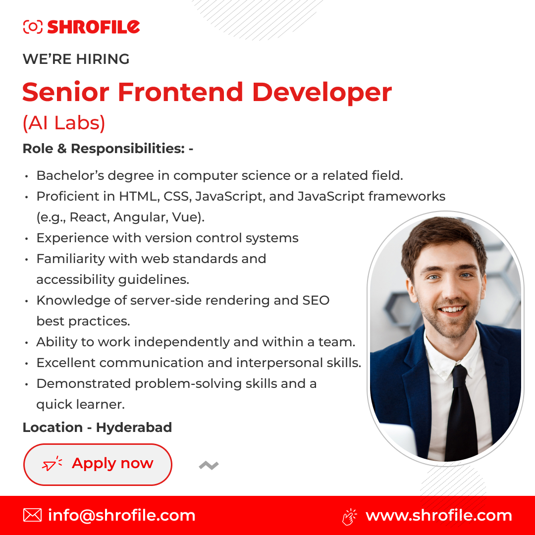 shrofile's tweet image. 📢 We&apos;re Hiring! 🌟 Senior Frontend Developer (AI Labs) Software Development

🚀 Know more - shrofile.com/job/Senior-Fro…

✉️ info@shrofile.com

#SeniorFrontendDeveloper #AILabs #SoftwareDevelopment #BPM #HyderabadJobs #TechCareers #WebDevelopment #JavaScript #ReactJS #VueJS #AWS