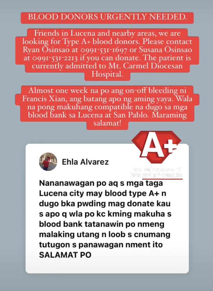 Friends, especially those in #LucenaCity #QuezonProvince. We urgently need Type A+ blood donors who can help save the life of a young boy. 

Even if you’re unable to donate, please still share. We hope to reach as many willing donors as possible asap. Thank you!