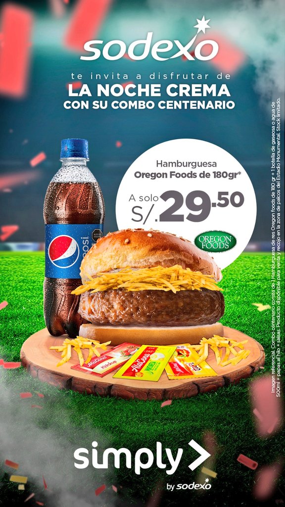 HAMBURGUESA MON🅤MENTAL
SODEXO ofrece un combo que incluye 180 grs. de carne Oregon Foods y una Pepsi heladita.en la cafetería ubicada en la Medialuna de Palcos.
Precio: S/. 29.50

Pronto anunciarán las modalidades de hacer pedidos de este y otros productos con antelación.