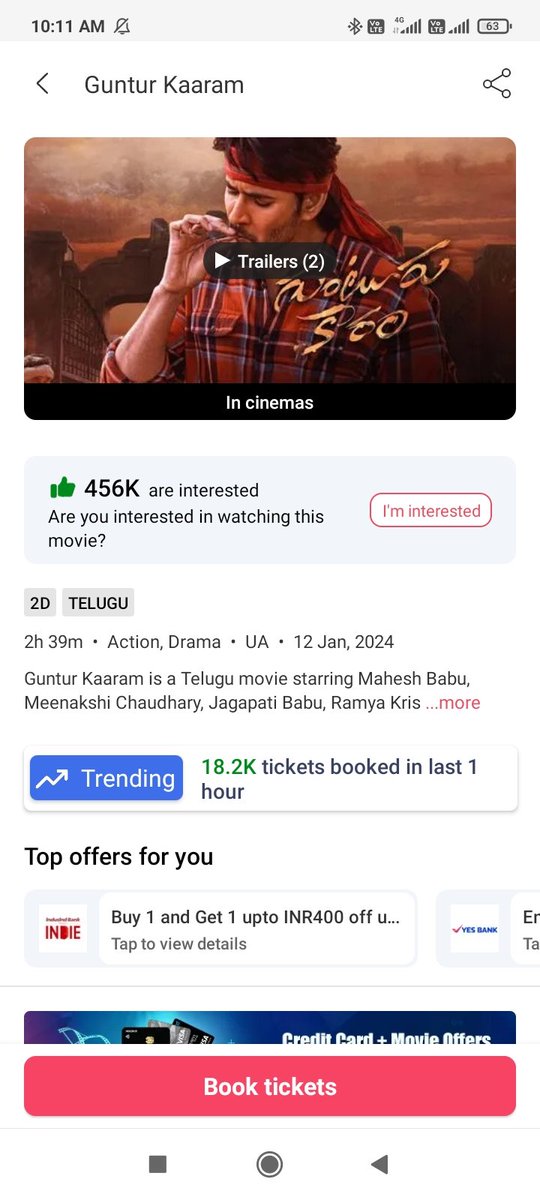 #GunturKaaram : Book My Show last 1hour 18k+ tickets booked 👌