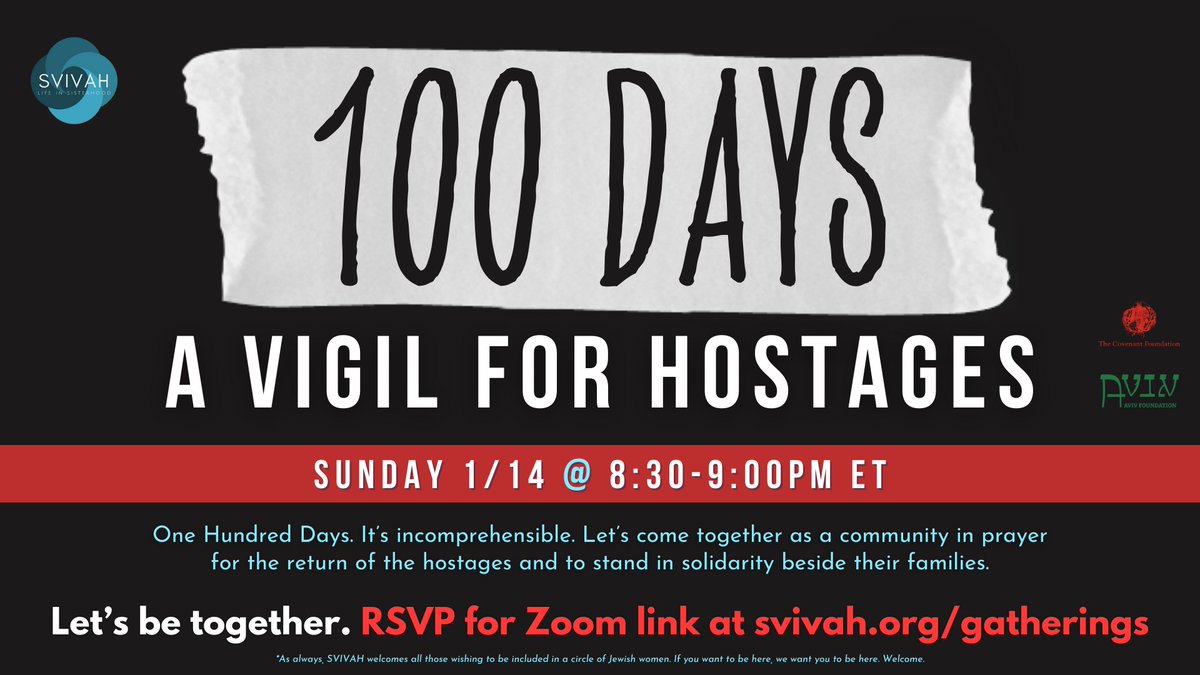 100 Days. It's incomprehensible. Let’s gather in prayer for the return of the hostages + to stand in solidarity beside their families. Join us virtually Sunday 1/14 from 8:30-9:00pm ET.
Zoom link at svivah.org/gatherings/100…
#BringThemHomeNow #hostagesonourheart #bringHershhome