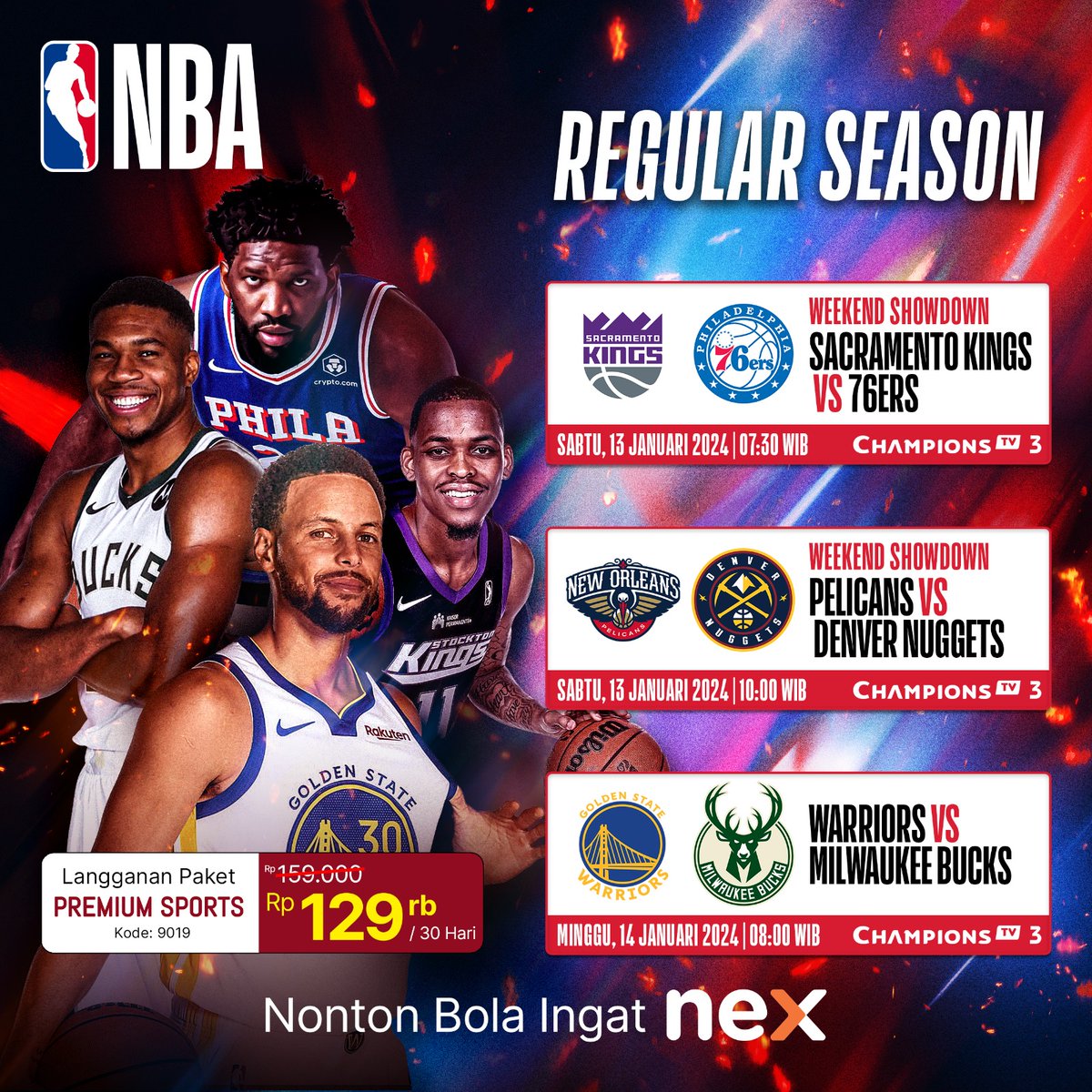nexofficialtv's tweet photo. Bangun pagi dengan semangat! Weekendmu akan menjadi lebih seru dengan menyaksikan NBA Regular Season secara live di Nex. Jangan lewatkan keseruan pertandingan, sob! 🏀

#Nex #NontonBolaIngatNex #TayanganTerlengkapHanyadiNex #NBA #nbaregularseason🏀 https://t.co/VMU1AIZxlp