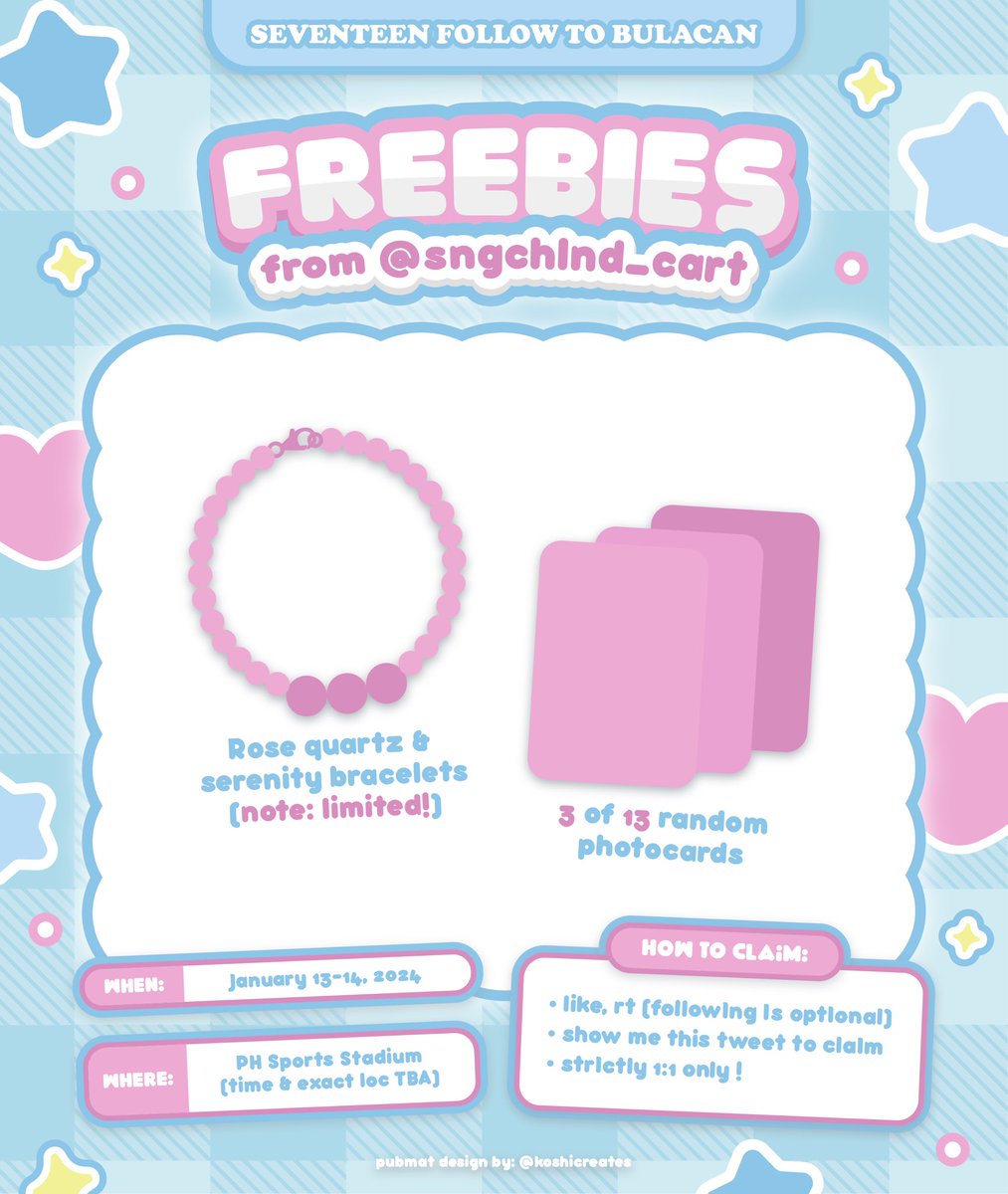 sngchlnd_cart's tweet photo. ꒰ seventeen follow to bulacan ꒱ 
  ⤷ freebies from @sngchlnd_cart ♡

𓂃 rose quartz &amp; serenity bracelets
𓂃 official &amp; unofficial photocards

like, rt &amp; show me this tweet on d-day! hope to see you ૮ ˶ˆ꒳ˆ˵ ა

#FOLLOW_TO_BULACAN
#FOLLOW_TOUR_IN_BULACAN
#SEVENTEENinBULACAN https://t.co/kFJp2IvTsM