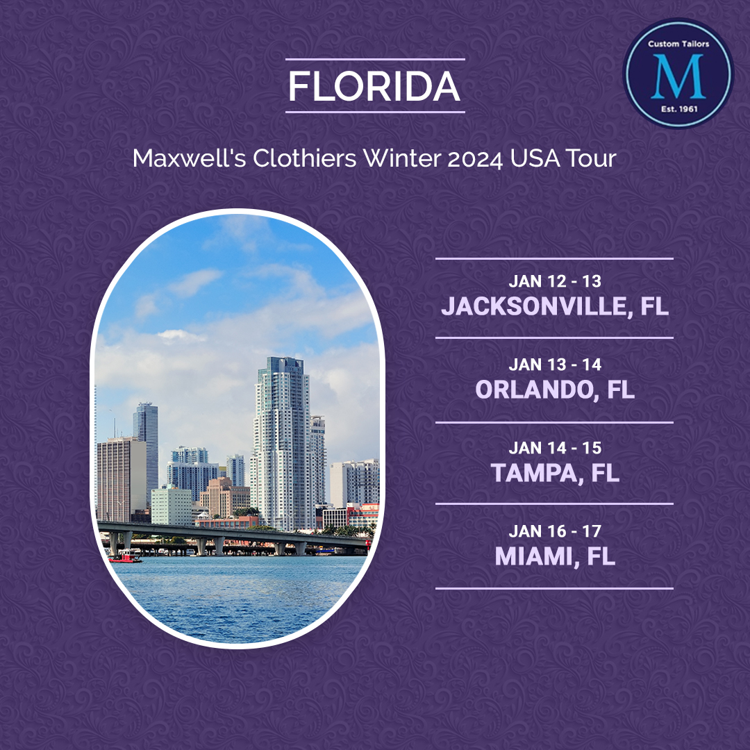 MaxwellsBespoke's tweet photo. Step into a world where style meets individuality! #MaxwellsClothiers is now in #Florida, bringing you #BespokeFashion that speaks volumes about you. See you there! 

Here’s our schedule for the next couple of weeks! 

Book your appointment now:

🌐 https://t.co/VcDLPxxyBg https://t.co/MgqUf8dkJQ