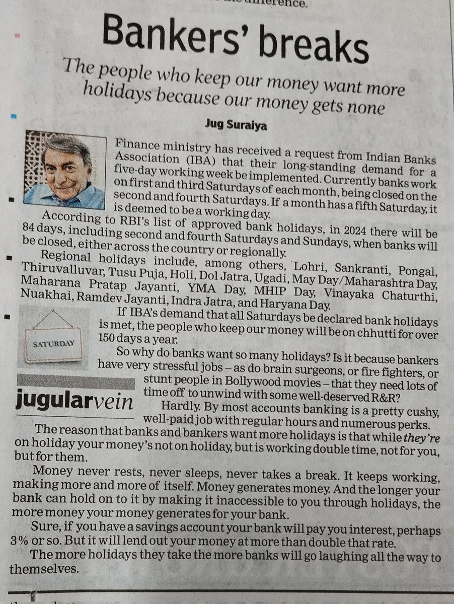 idesibanda's tweet photo. Columnist says, if Bankers will get More Holidays, money will be more inaccessible to Customers.

Uncle Wake Up, it's not 90s, u can do transaction 24×7 entire year 😂😂😂
#5DaysBanking https://t.co/FXlawBpFER