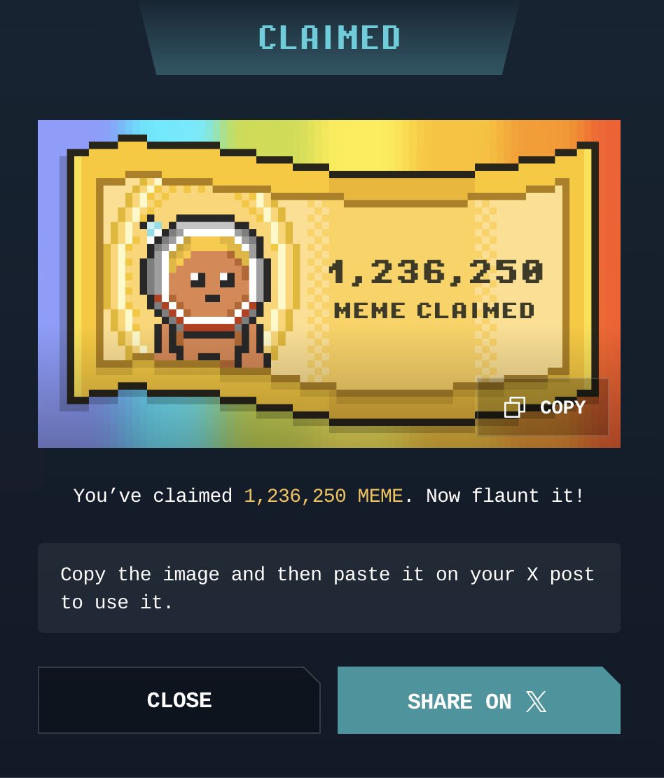 Just finished printing some money (jk I claimed some #MEME from <a href="/memeland/">Memeland ❤️ Memecoin</a>). 

This is my first time to claim $MEME (around 1 million) after last time airdrop just for completing meme farming, that we must HOLD at least 69 MEME as farming seeds in our wallet at harvest time.