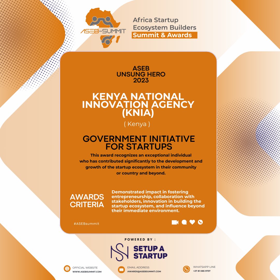 Thrilled to announce that the Kenya National Innovation Agency has clinched the Government Initiative for Startups Award at the prestigious Africa Startup Ecosystem Builders Summit and Awards! 🏆🇰🇪 
#InnovationInKenya #StartupExcellence