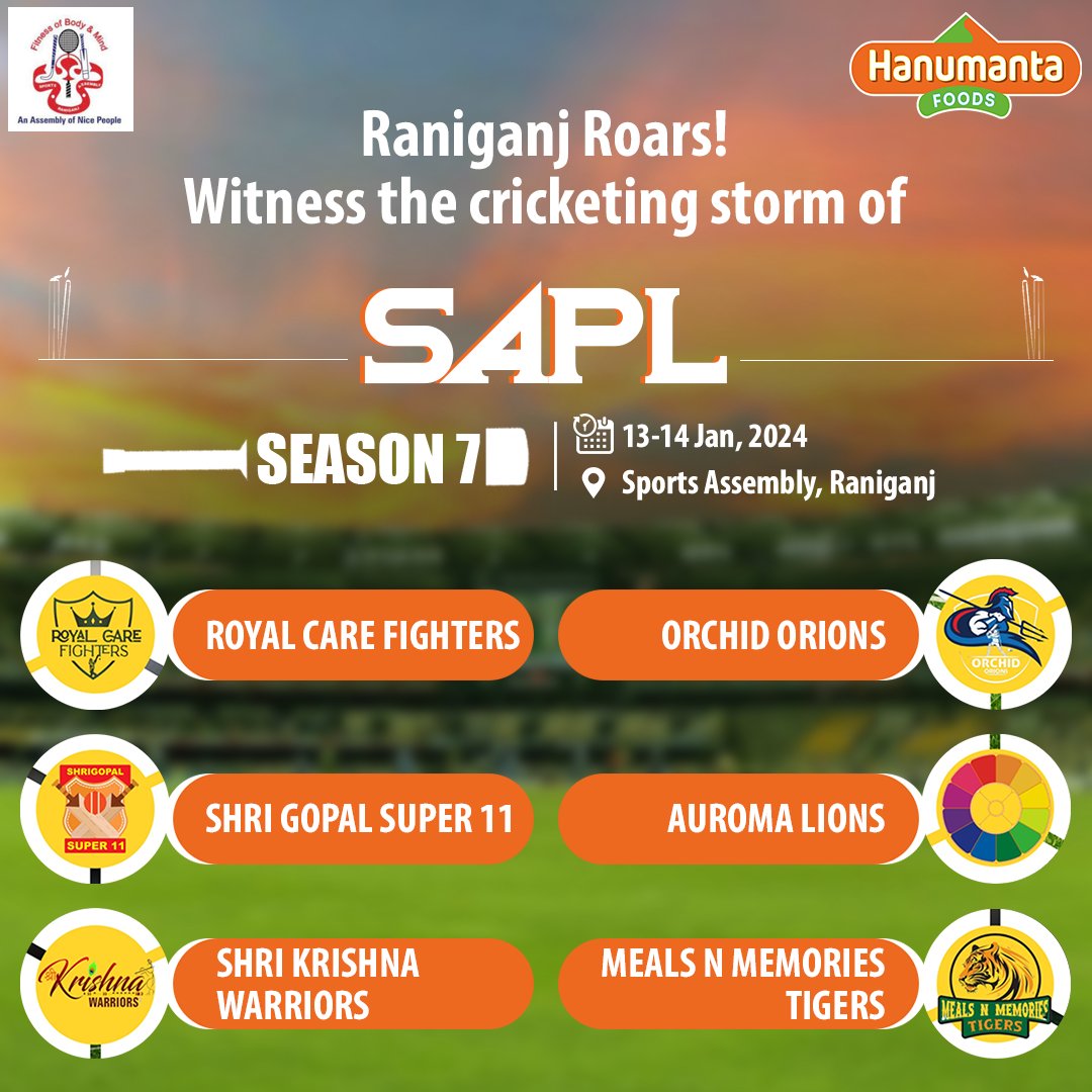 hanumantafoods's tweet photo. Get ready to cheer, shout, and celebrate! Join us at Sports Assembly, Raniganj on 13-14 Jan '24 for an unforgettable cricket extravaganza, SAPL Season 7.

#HanumantaFoods #SAPLSeason7 #Cricket #SportsAssembly #HealthyHanumanta #NourishWithHanumanta #Nutrition #Raniganj https://t.co/9sAq5v05R1