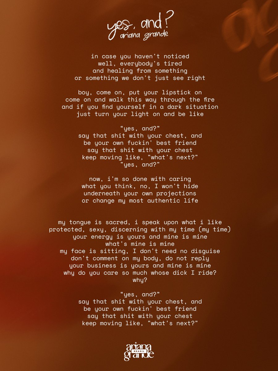 Laybute's tweet photo. RT @arianagrandebr: Confira a letra e a tradução de “yes, and?”, lead single do novo álbum de Ariana Grande.  💋 https://t.co/stXGZfZrcq