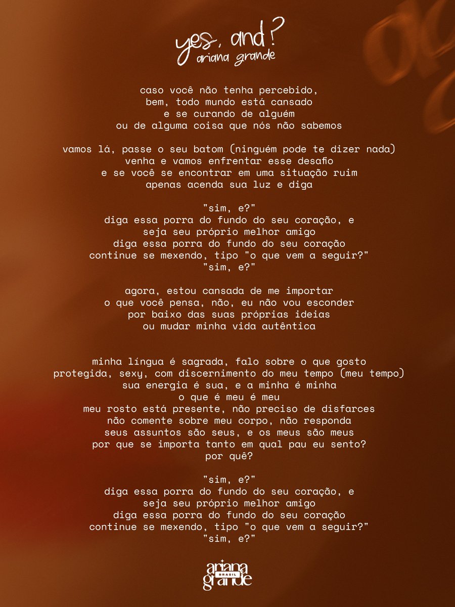 Laybute's tweet photo. RT @arianagrandebr: Confira a letra e a tradução de “yes, and?”, lead single do novo álbum de Ariana Grande.  💋 https://t.co/stXGZfZrcq