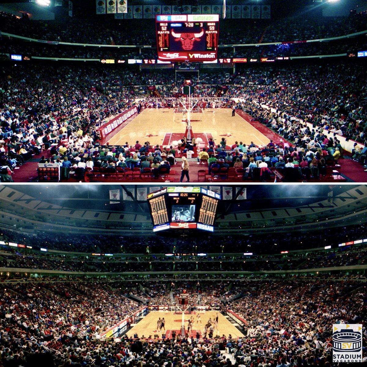 StadiumVagabond's tweet photo. Chicago Stadium in 1994; United Center in 1995 - As was the case in old vs new Comiskey Park, the newer home of the Bulls & Blackhawks pushed the upper deck far from the action to accommodate luxury suites. #chicagohistory #chicagostadium #laststadium #lastcomiskey #chicagobulls https://t.co/ZoWd4SVFlP