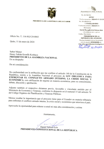 EmilioJDom's tweet photo. 🔴 ATENCIÓN: A las 23:25, llegó a la Asamblea la Ley Económica Urgente para enfrentar el conflicto armado interno. Establece el incremento del Impuesto al Valor Agregado (IVA) del 12% al 15%
@Informa_EC @fabriciovelav @ElenaDeQuito https://t.co/j4zMCIHWCt