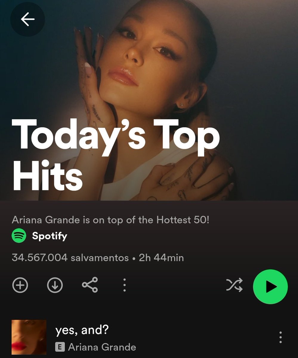 centrarianator's tweet image. SOLTA O CHEQUE BRANDON: Além de ser capa, Ariana Grande ocupa o topo da Today’s Top Hits, maior playlist do Spotify com #YesAnd!