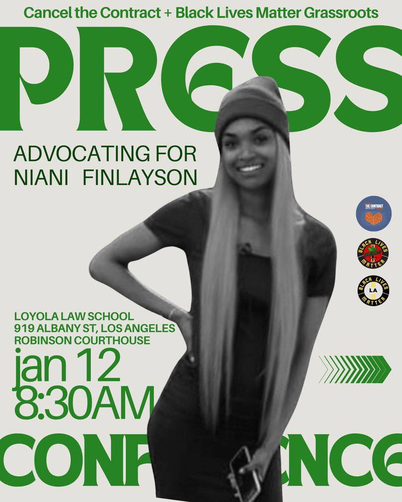 Meet us Friday 8:30am at Loyola Law School (ahead of the Civilian Oversight Commission meeting) to demand justice in the name of #NianiFinlayson! #BlackLivesMatter #SayHerName