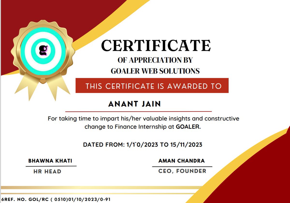 🏆 Excited to share a milestone achieved! 🚀

Grateful to have successfully completed a 1-month 15 days, Finance Internship at @GOALERFinance  Web Solutions, a leading finance consultant firm.🏆🎯
#FinanceInternship #CertificateOfAppreciation #GoalAccomplished #goalerwebsolutions