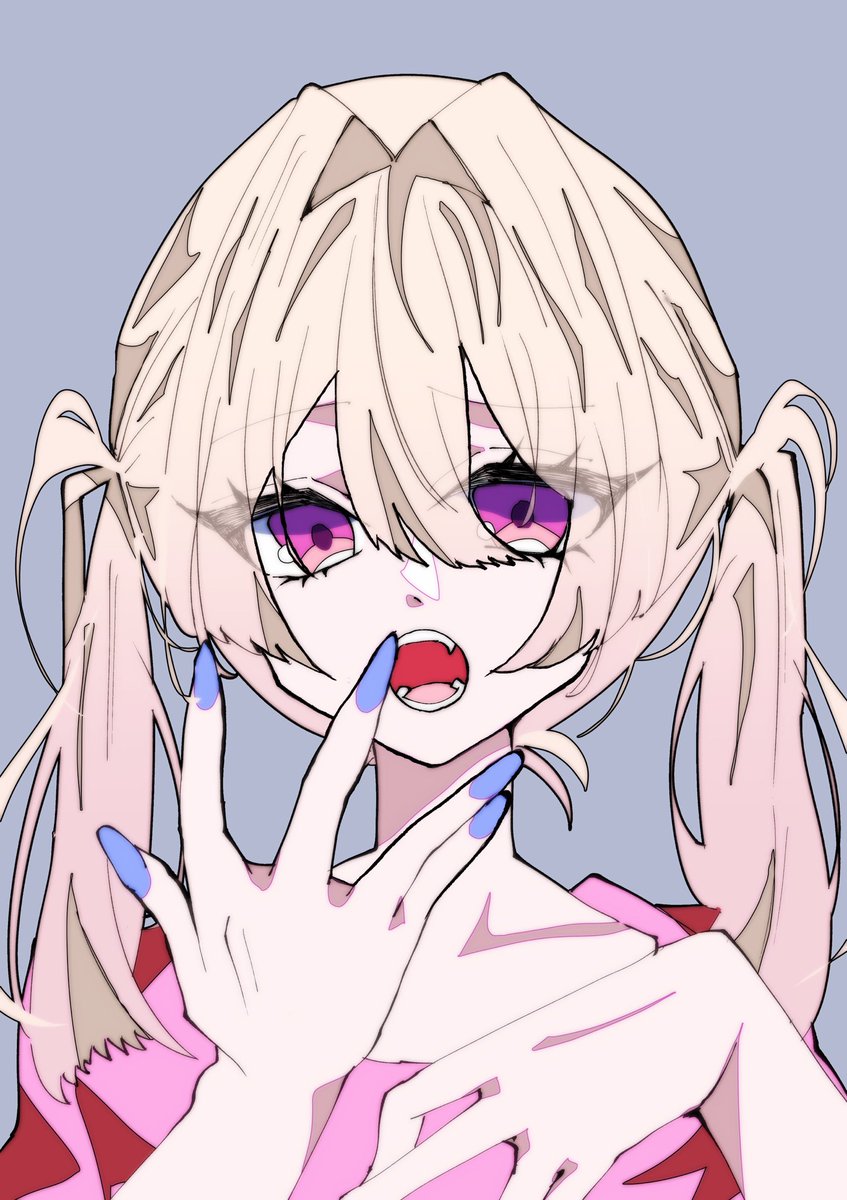1girl solo twintails open mouth blue nails simple background purple eyes  illustration images