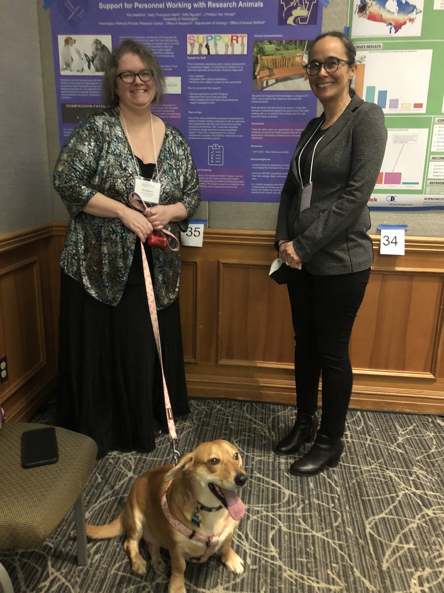 UWDEOHS's tweet photo. Bringing the #OneHealth at the Cascadia Symposium on Environmental, Occupational, and Population Health! DEOHS MS student Rita Bellanca; her dog, Ellie; and Vickie Ramirez, senior research coordinator and center manager for the @UWCOHR. 
@NWCOHS @uwsph @ubcspph https://t.co/h4aSPfEV6k