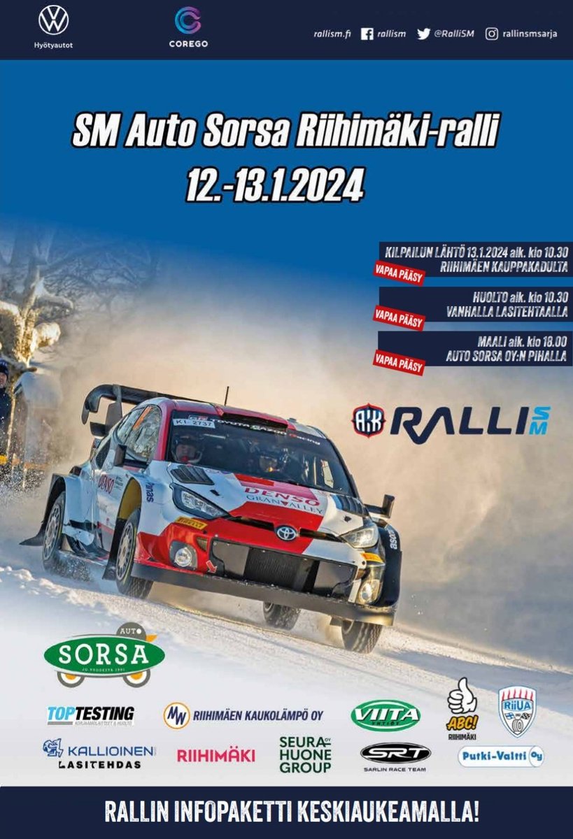 Rallilehti luettavissa 
riihimakiralli.fi/katsojat/

Rallin reittikartta julkaistaan samassa paikassa 
12.1. Klo 12.

Samasta osiosta löydät kaiken tarpeellisen tiedon rallipakettien tai lippujen ostamiseen, jotka on kätevintä ostaa ennakkoon sähköisinä.

<a href="/RalliSM/">Ralli SM</a> | <a href="/RiihimakiCity/">Riihimäen kaupunki</a>