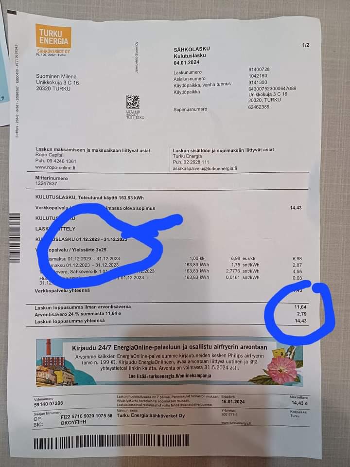 dstefanos's tweet image. Λογαριασμός ρεύματος για έναν μήνα στη Φινλανδία… (μια χώρα που δεν έχει ήλιο 4 μήνες το χρόνο, έχει θερμοκρασίες υπό το μηδέν 8 μήνες το χρόνο και η ανάγκες για ενέργεια είναι πολύ υψηλές… ΛΟΓΑΡΙΑΣΜΟΣ: 14 ευρώ ΤΟ ΜΗΝΑ! Εσύ Έλληνα διάλεξε χρώμα τιμολογίου…