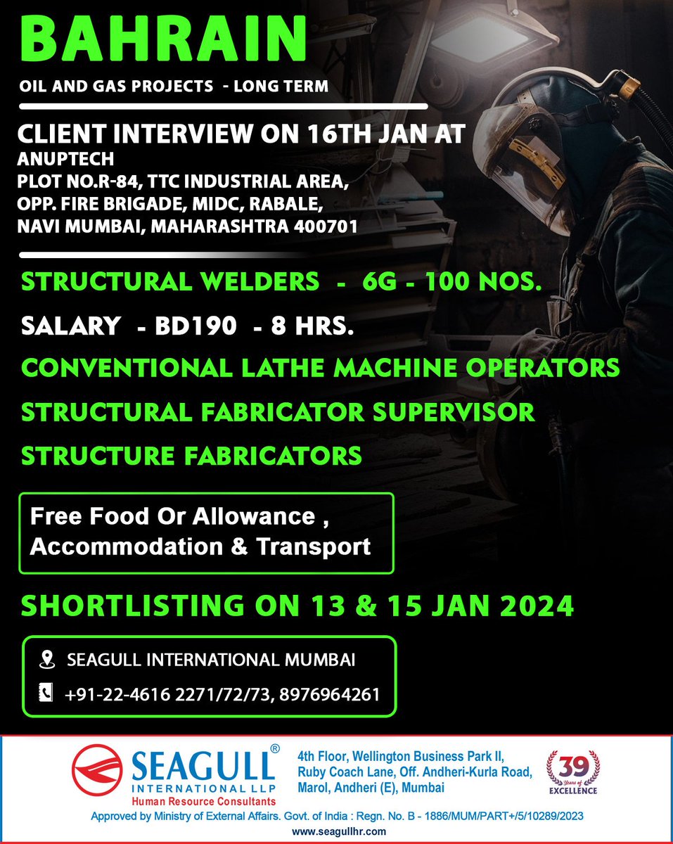 hrd1_seagull's tweet photo. 🇧🇭Bahrain Jobs
✔️Long Term Project
🗓️Shortlisting On 13th &amp; 15th January 2024
📍 Client Interview On 16th Jan 2024 In Mumbai
.
 
.
 
.
#bahrainjobs #seagull #mumbaijobs #structuralwelder #conventionallathe #machineoperator #fabricator #fabricatorsupervisor #structurefabricators https://t.co/YbnR0LZRG8