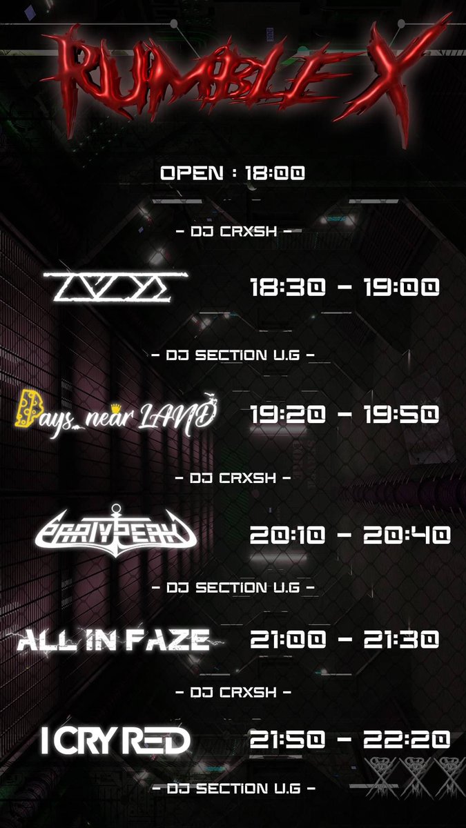 DaysnearLAND's tweet photo. 【🧀本日🐁】
2024.1/12(金) @アメリカ村DROP
I CRY RED主催 ''RUMBLE X''
I CRY RED
ALL iN FAZE
Days,near LAND
PartyPeak
ZEYΣ
DJ/
CRXSH
Section U.G
#ICRYRED
#RUMBLEX
#ランブル https://t.co/jrAZCnhJiI