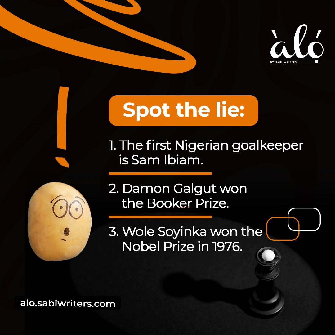 Can you spot the lie in 10 seconds?
Let us know your answer in the comments section.
#alobysabiwriters #creativity #prose #shortstories #fictionstories #writing #africanstories #onlinestories #spotthelie