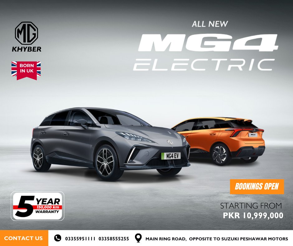 MgKhyber's tweet image. Buckle up for an exhilarating journey with MG4! Experience driving redefined.

Bookings Open 
LIMITED CARS ONLY! 

Call us at 0335 5951 111 - 0335 8555 255 

Or Visit MG Motor Khyber to book your MG 4 now! 

#MG4EV #MGPakistan #iloveMG #TakeCharge