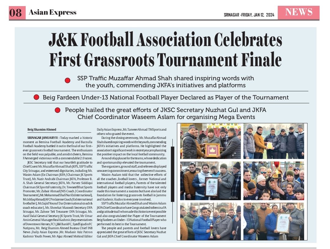 BeigShamim's tweet photo. Must watch : J&amp;K Football Association Celebrates First Grassroots Tournament Finale 

SSP Traffic Muzaffar Ahmad Shah shared inspiring words with the youth, commending JKFA's initiatives &amp; platforms

People hailed the great efforts of JKSC Secretary and JKFA Chief Coordinator https://t.co/QQ7HDTTNDQ