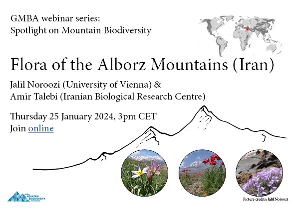 NEW webinar series: Spotlight on Mountain Biodiversity - a journey to discover the fantastic diversity of species that inhabit mountain ecosystems worldwide.
FOR WHOM: scientists &amp; non-scientists 
WHEN: Jan 25, 3pm CET, Flora of the Alborz Mountains: shorturl.at/byCN0