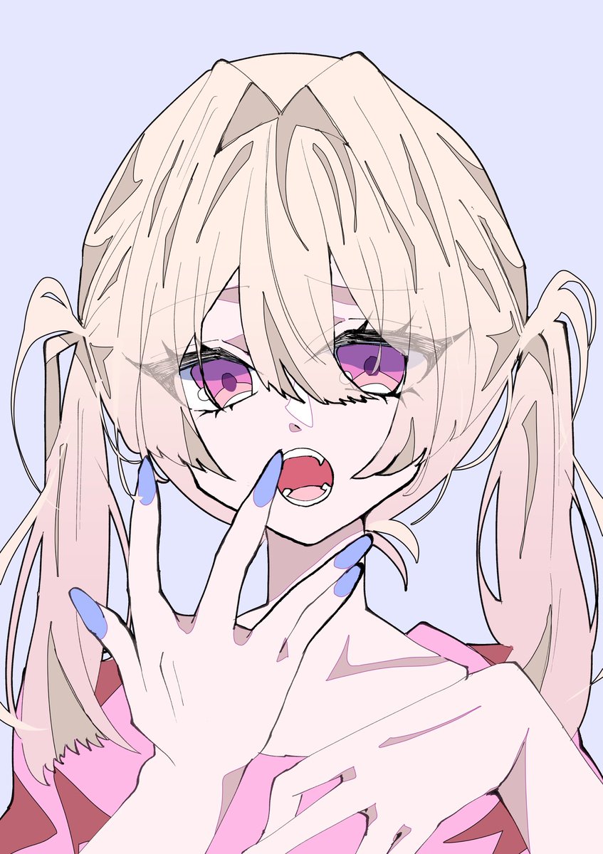 1girl solo twintails open mouth blue nails simple background eyes visible through hair  illustration images