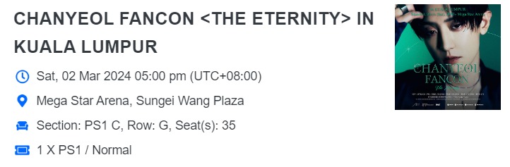 ChangKaiYing's tweet photo. Want to sell
Section: PS1 C Row G Seat 35
Selling at original price: RM792.84
preferable klang valley area, other areas are negotiable 
can PM me for more info

#CHANYEOLinKL https://t.co/d5F4R1cM6Y