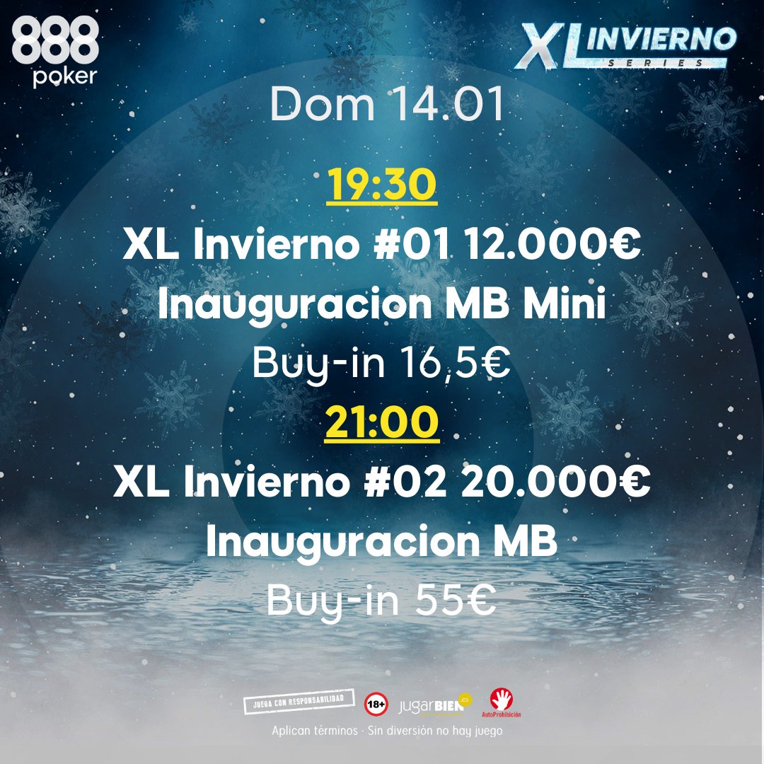 888pokerSpain's tweet photo. ⚠ Parte meteorológico de las #XLSeries ❄ Invierno:

Se aproxima una 🌧 borrasca de torneos entre el 14 y 29 de enero con fuertes ⛈ lluvias que superarán los 400.000€ GARANTIZADOS.

En el calendario se detalla la previsión para los primeros 3 días.  

#888poker #poker https://t.co/T4qWWZhfoc