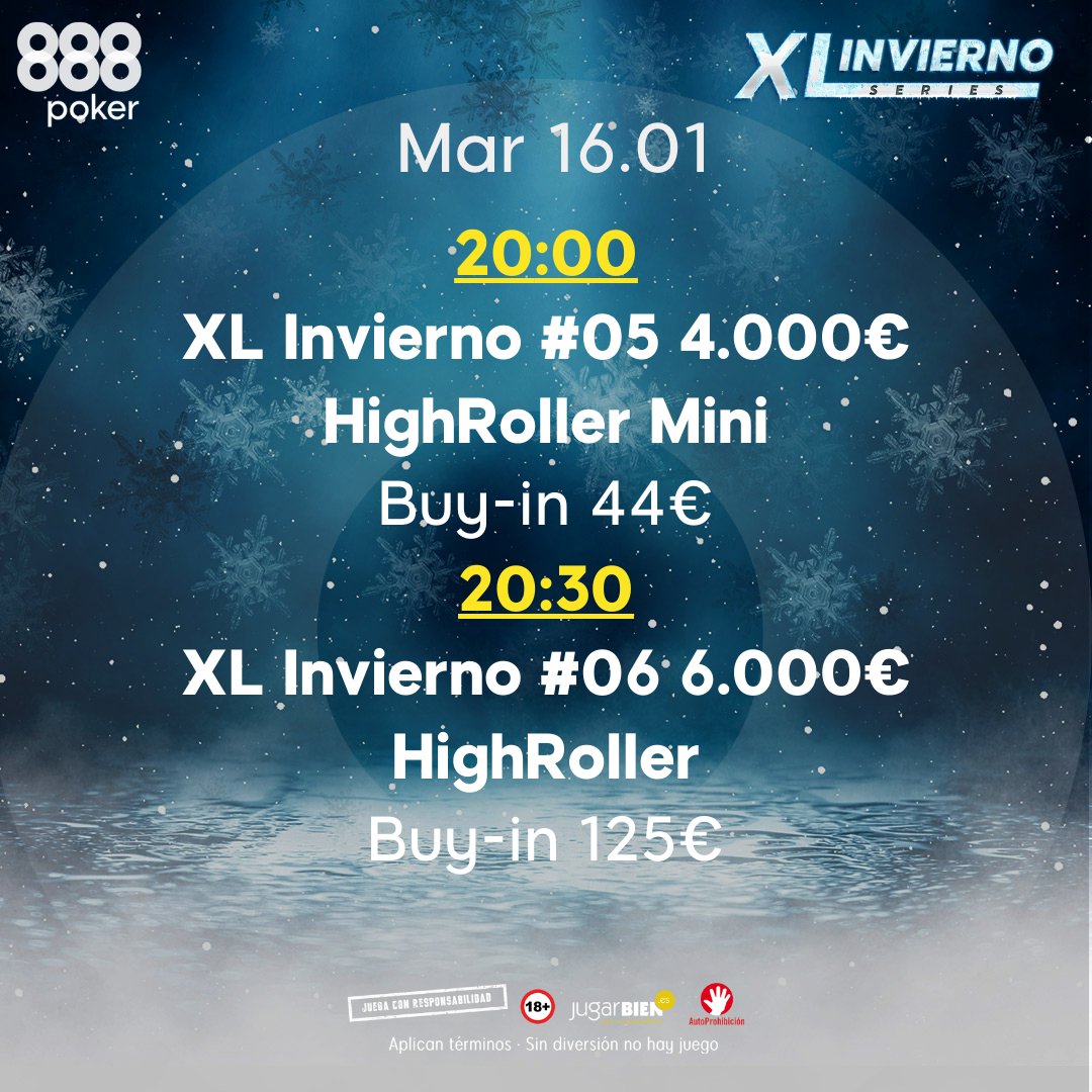 888pokerSpain's tweet photo. ⚠ Parte meteorológico de las #XLSeries ❄ Invierno:

Se aproxima una 🌧 borrasca de torneos entre el 14 y 29 de enero con fuertes ⛈ lluvias que superarán los 400.000€ GARANTIZADOS.

En el calendario se detalla la previsión para los primeros 3 días.  

#888poker #poker https://t.co/T4qWWZhfoc