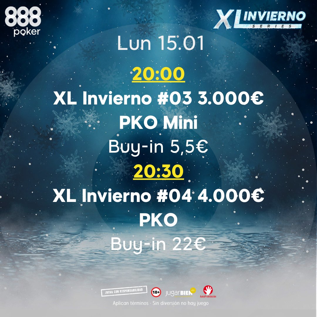 888pokerSpain's tweet photo. ⚠ Parte meteorológico de las #XLSeries ❄ Invierno:

Se aproxima una 🌧 borrasca de torneos entre el 14 y 29 de enero con fuertes ⛈ lluvias que superarán los 400.000€ GARANTIZADOS.

En el calendario se detalla la previsión para los primeros 3 días.  

#888poker #poker https://t.co/T4qWWZhfoc